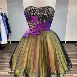 Strapless Multicolor Sequin & Tulle Kids Dress with Purple Sash